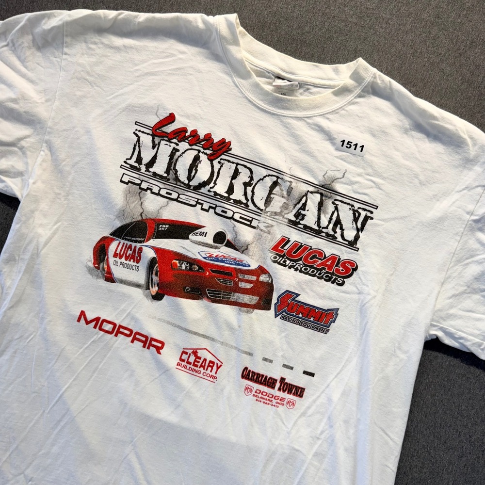 Larry Morgan Pro Stock Racing T-Shirt Mens 2XL White Lucas Oil Mopar NHRA Tee